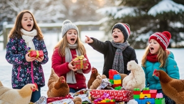 Kids are singing and playing on snow